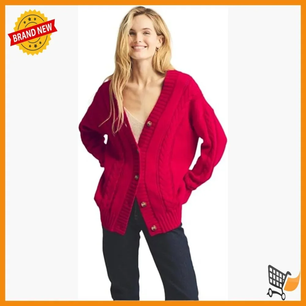 Relaxed Fit Cable Knit Cardigan, Long Sleeve Button Front, Tunic Length